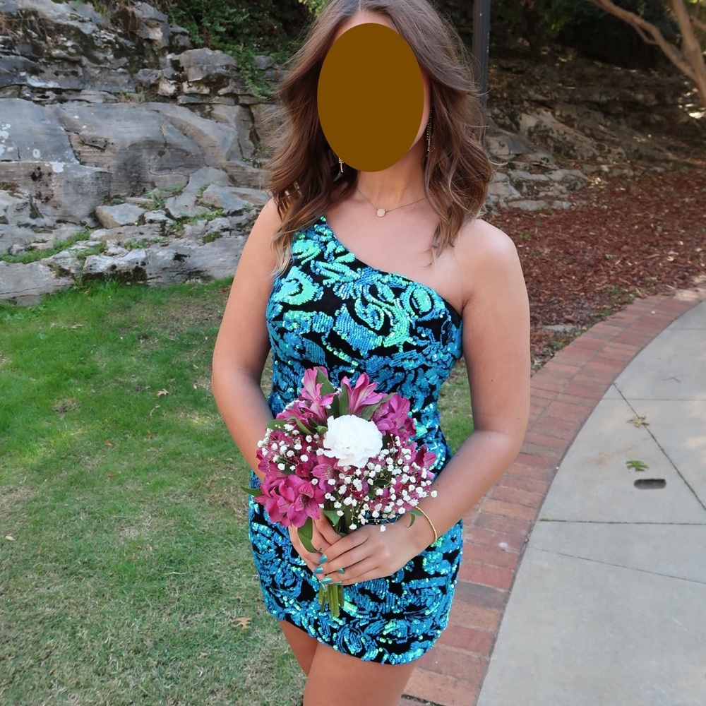 Blondie Nites One-Shoulder Turquoise and Black Dress